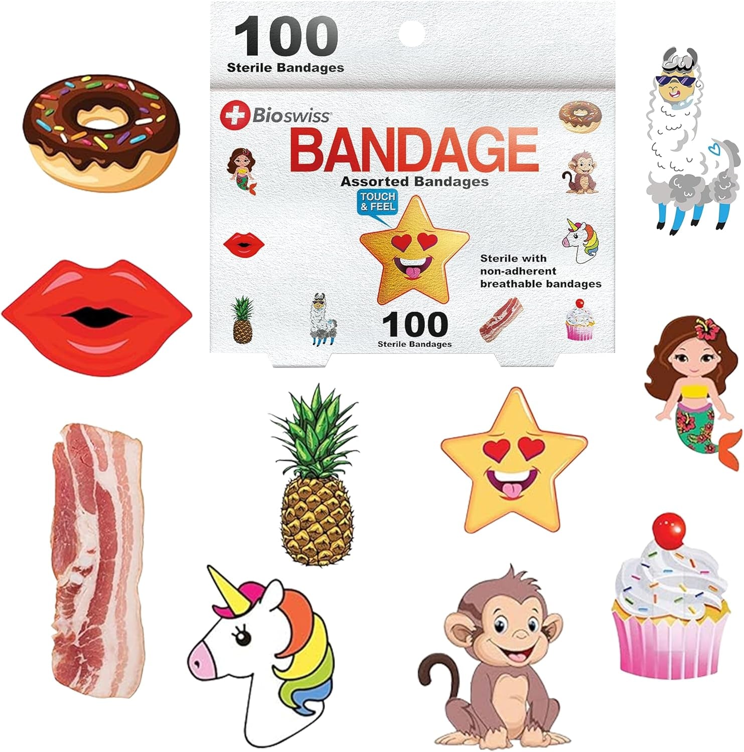 Kids Bandaids - Self-Adhesive Bandages Bulk Colorful Funny Cute Toddler Girls & Boys, Adults First Aid, Novelty Gag Gift 100Pcs (Assorted 100 Pack)