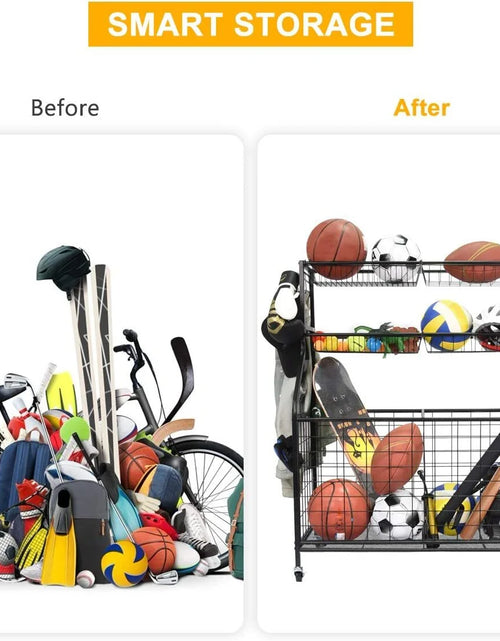 Load image into Gallery viewer, Sports Equipment Organizer, Ball Storage Rack, Garage Ball Storage, Sports Gear Storage, Rolling Sports Ball Storage Cart
