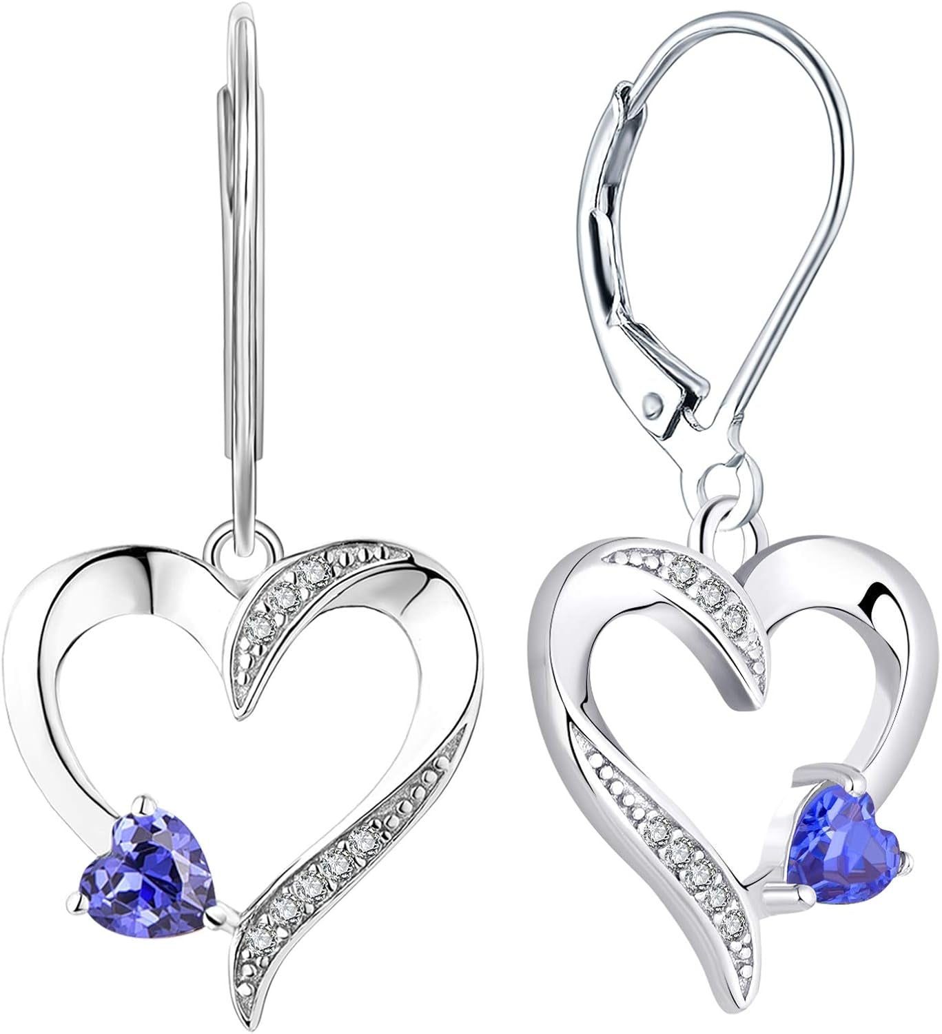 Heart Earrings Sterling Silver Heart Dangle Drop Earrings Sapphire/Emerald/Amethyst/Aquamarine Leverback Jewelry for Women