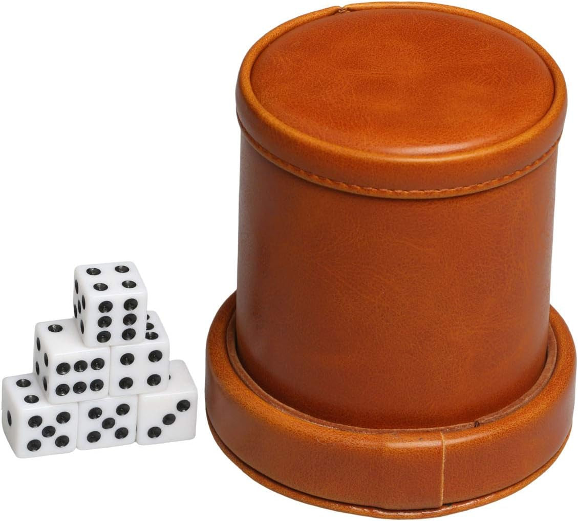 Leatherette Dice Cup with Lid Includes 6 Dices, Velvet Interior Quiet in Shaking for Liars Dice Farkle Yahtzee Board Games, Brown