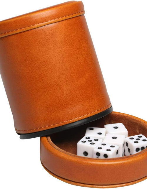 Load image into Gallery viewer, Leatherette Dice Cup with Lid Includes 6 Dices, Velvet Interior Quiet in Shaking for Liars Dice Farkle Yahtzee Board Games, Brown
