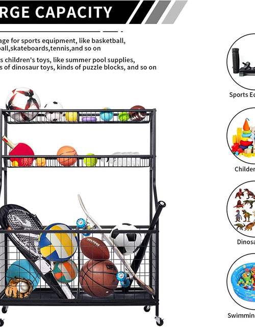 Load image into Gallery viewer, Sports Equipment Organizer, Ball Storage Rack, Garage Ball Storage, Sports Gear Storage, Rolling Sports Ball Storage Cart
