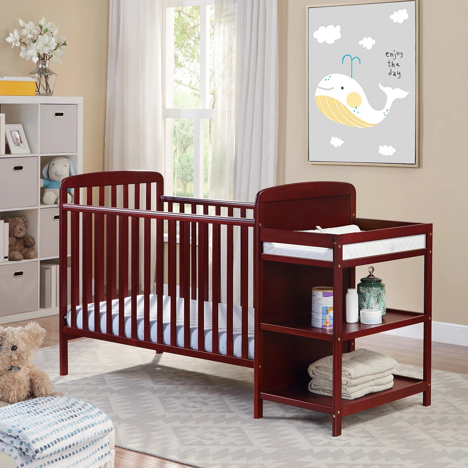 Crib Bedding for Baby, Solid Pine Wood Frame 3-In-Crib and Changing Table Combo, Cribs Can Converts to Toddler Bed or Day Bed, Greenguard Gold Certified, Non-Toxic Finishes, Cherry