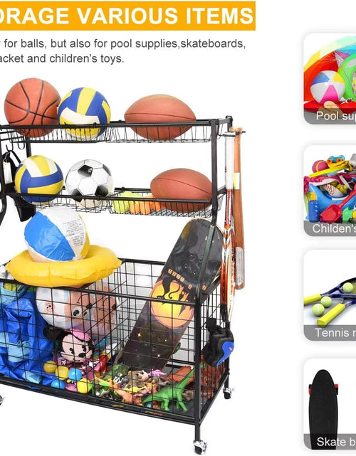 Load image into Gallery viewer, Sports Equipment Organizer, Ball Storage Rack, Garage Ball Storage, Sports Gear Storage, Rolling Sports Ball Storage Cart
