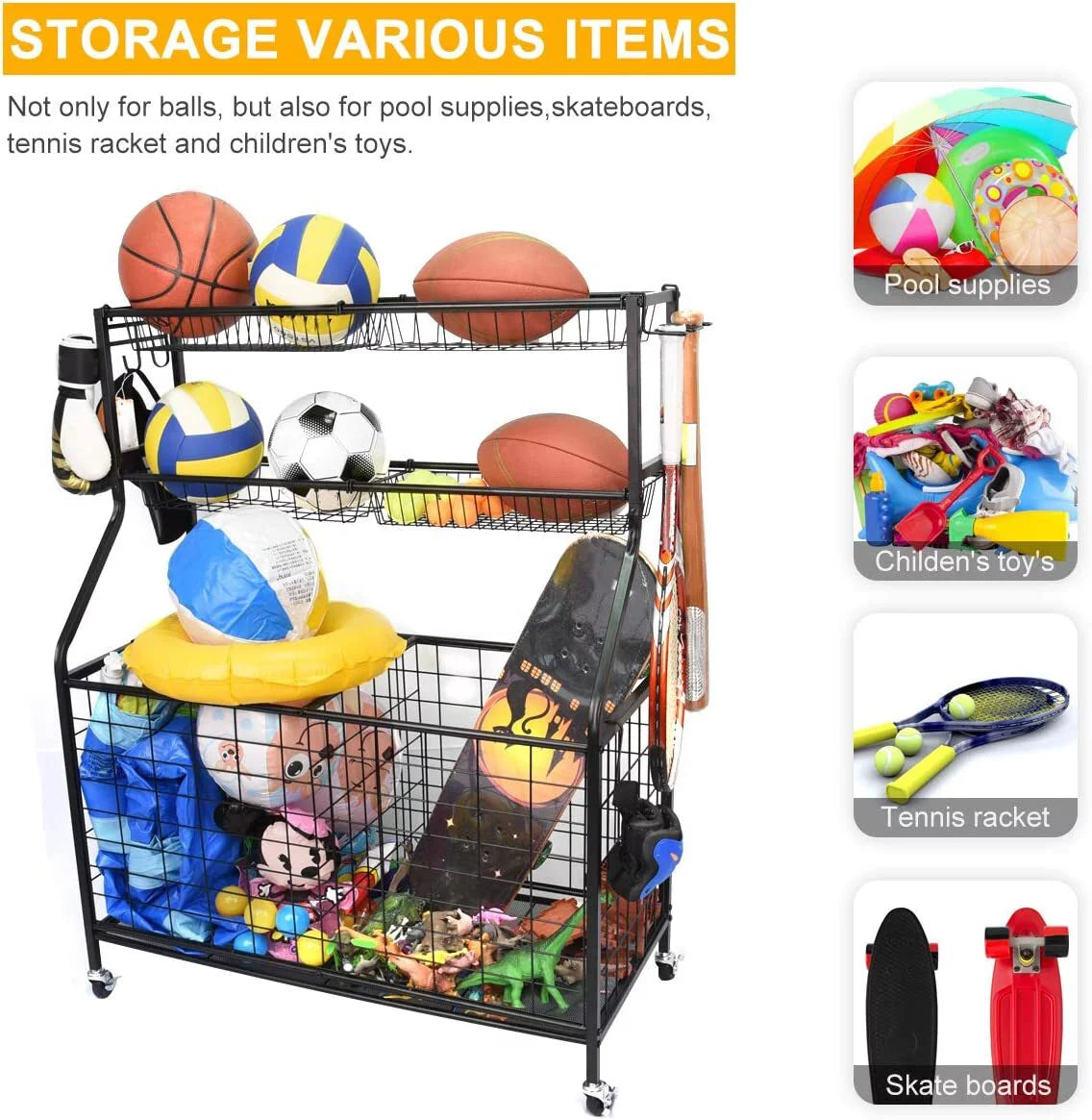 Sports Equipment Organizer, Ball Storage Rack, Garage Ball Storage, Sports Gear Storage, Rolling Sports Ball Storage Cart