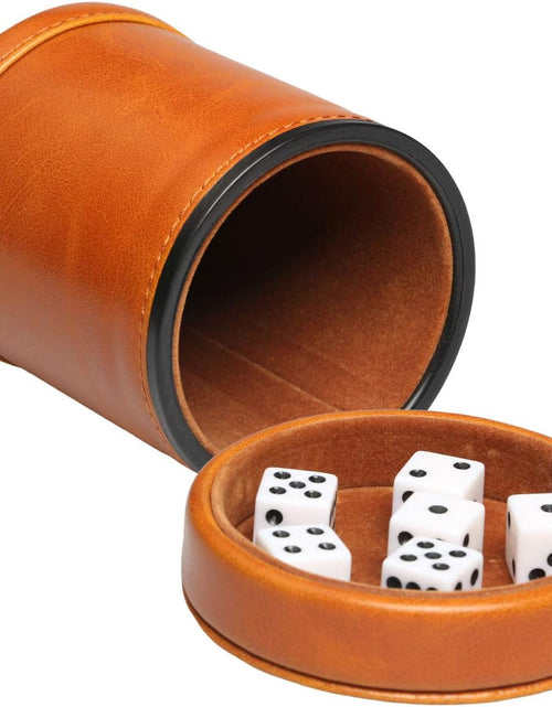 Load image into Gallery viewer, Leatherette Dice Cup with Lid Includes 6 Dices, Velvet Interior Quiet in Shaking for Liars Dice Farkle Yahtzee Board Games, Brown
