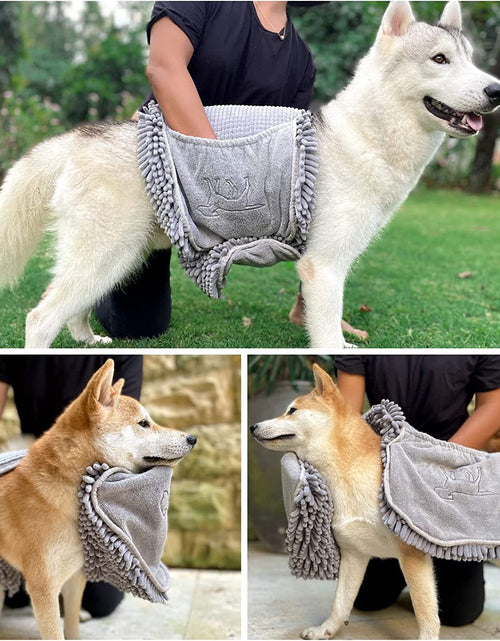 Load image into Gallery viewer, Quick Dry Towel for Dogs | Ultra Absorbent Microfiber Shammy | Extra Large 35X15 Size for All Breeds | Comfortable Hand Pockets | Indoor Outdoor Use | Durable Material | Machine Washable
