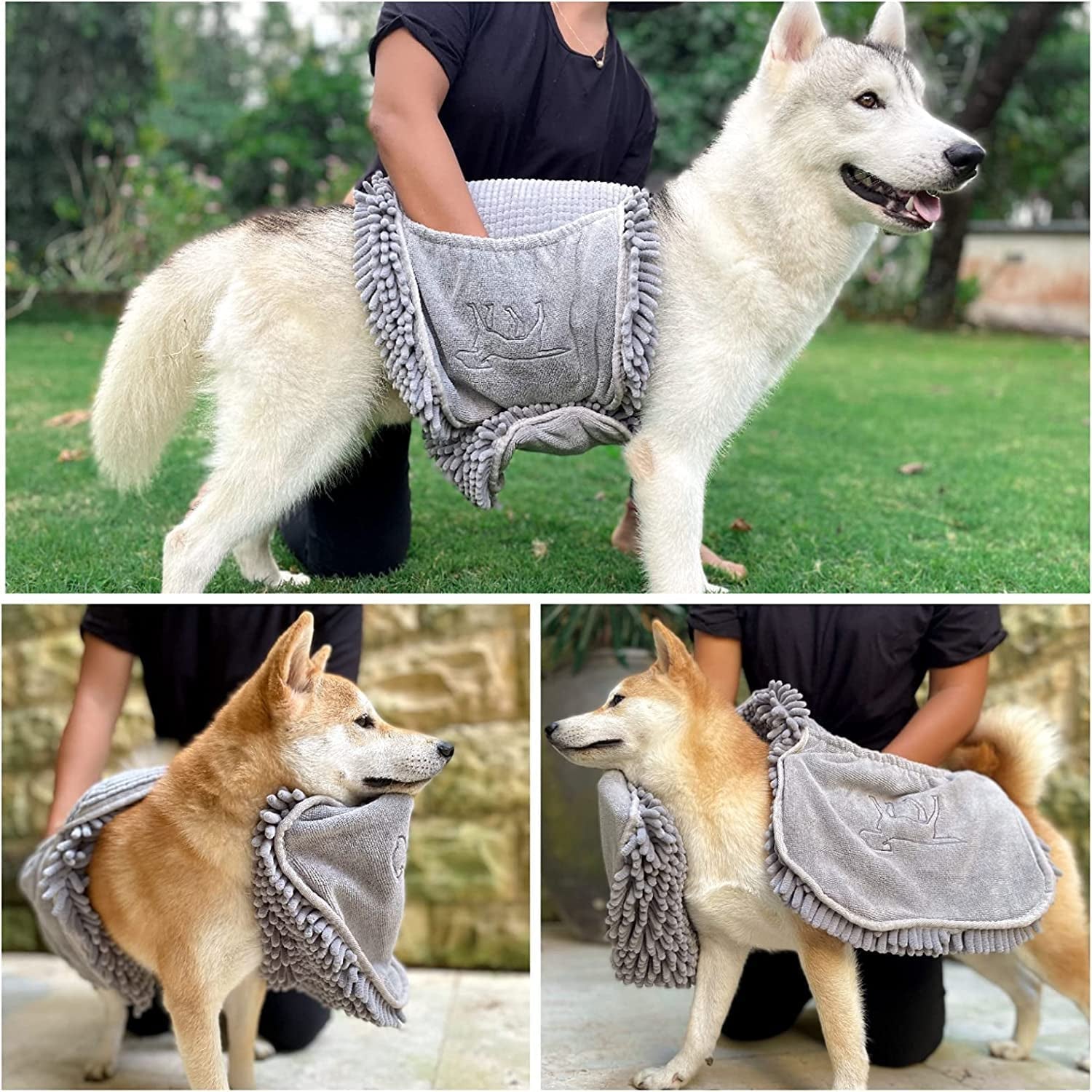 Quick Dry Towel for Dogs | Ultra Absorbent Microfiber Shammy | Extra Large 35X15 Size for All Breeds | Comfortable Hand Pockets | Indoor Outdoor Use | Durable Material | Machine Washable