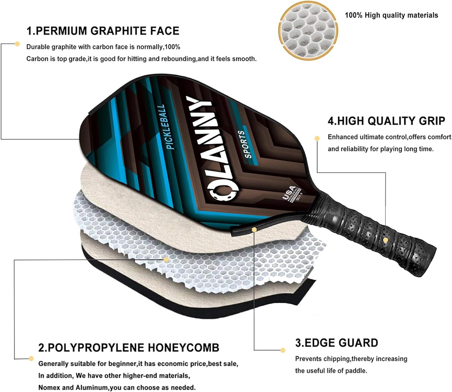 Graphite Pickleball Paddles 4 Pack - Premium Rackets Fiber Face & Polymer Honeycomb Core Pickleball Set Includes 4 Pickleball Paddles + 6 Balls+ 4 Replacement Soft Grip + 1 Bag