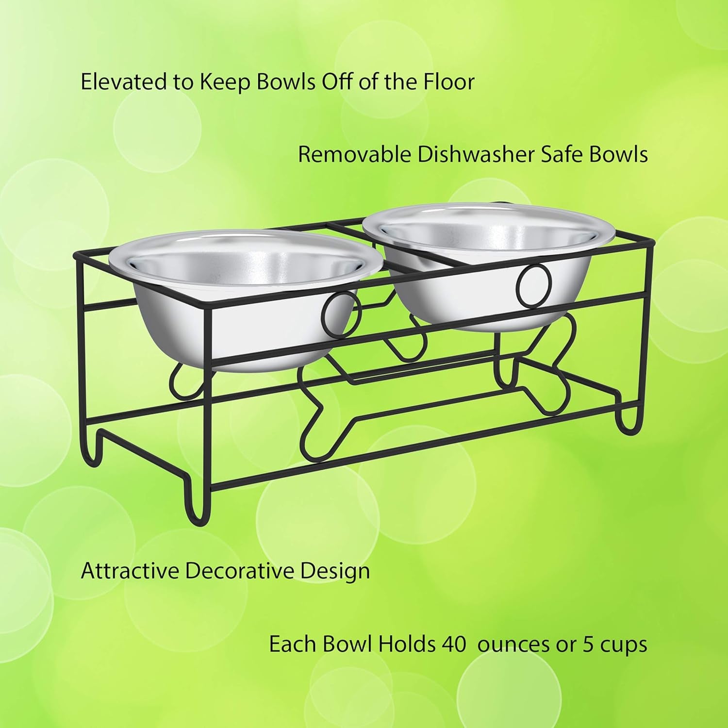 Stainless Steel Raised Food and Water Bowls with Decorative Stand Collection, Elevated Feeding Station for Dogs, Cats, and Pets - 2 Pack