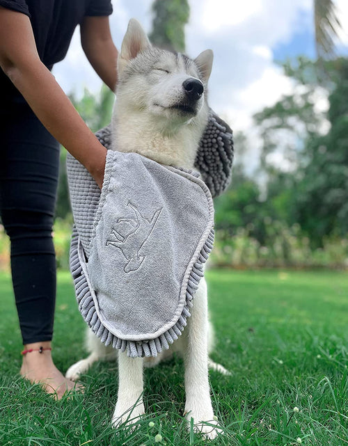 Load image into Gallery viewer, Quick Dry Towel for Dogs | Ultra Absorbent Microfiber Shammy | Extra Large 35X15 Size for All Breeds | Comfortable Hand Pockets | Indoor Outdoor Use | Durable Material | Machine Washable
