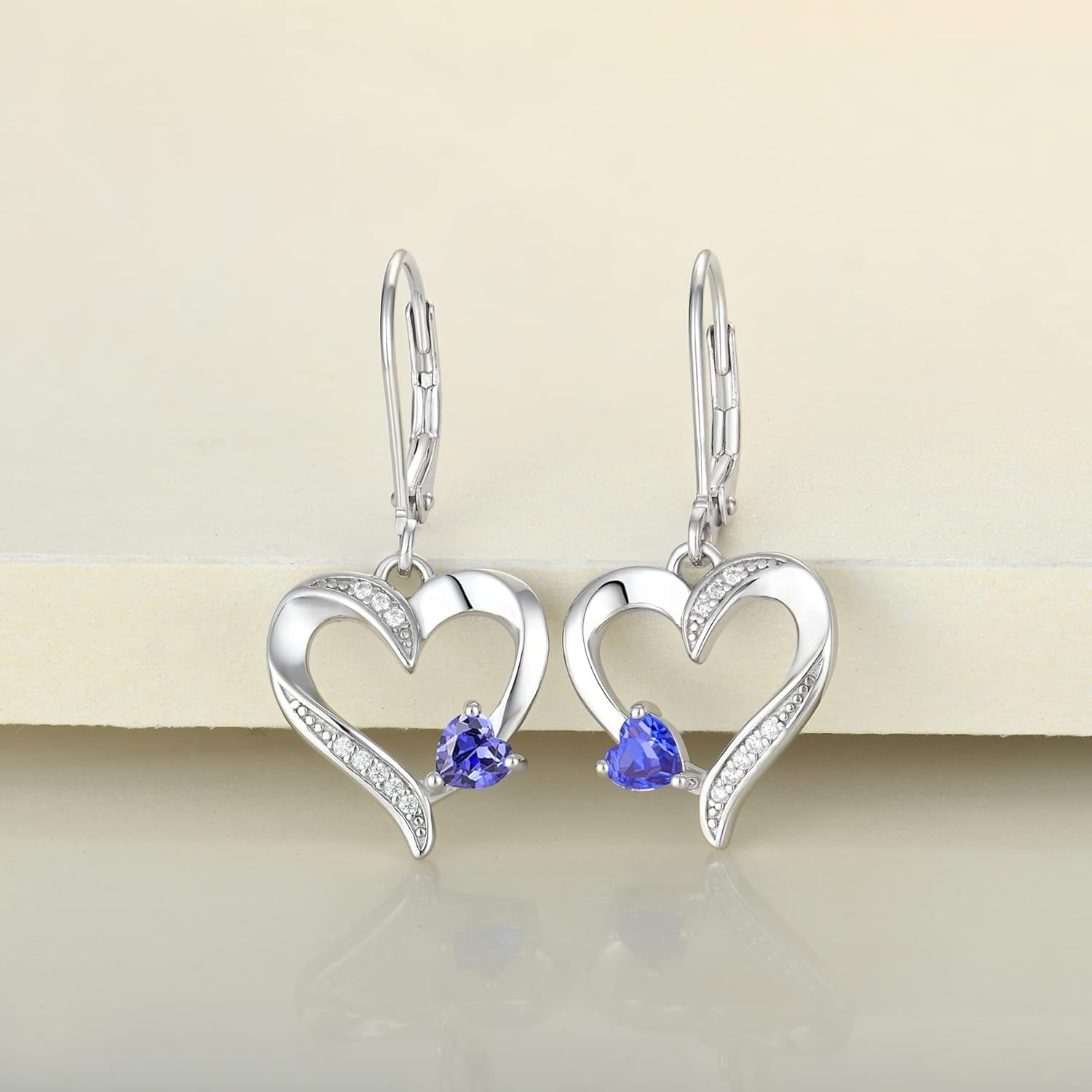 Heart Earrings Sterling Silver Heart Dangle Drop Earrings Sapphire/Emerald/Amethyst/Aquamarine Leverback Jewelry for Women