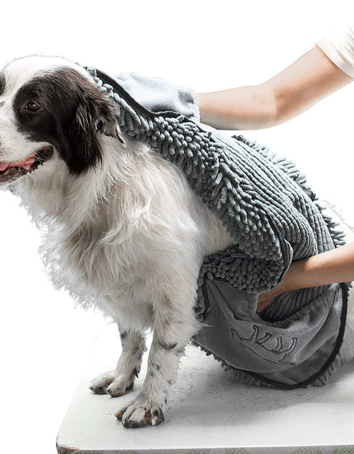 Load image into Gallery viewer, Quick Dry Towel for Dogs | Ultra Absorbent Microfiber Shammy | Extra Large 35X15 Size for All Breeds | Comfortable Hand Pockets | Indoor Outdoor Use | Durable Material | Machine Washable
