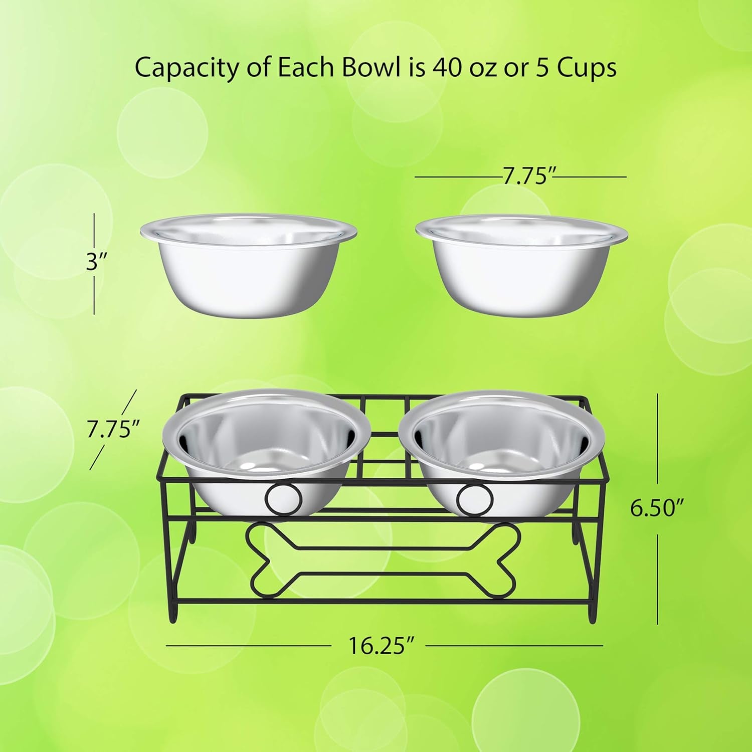 Stainless Steel Raised Food and Water Bowls with Decorative Stand Collection, Elevated Feeding Station for Dogs, Cats, and Pets - 2 Pack