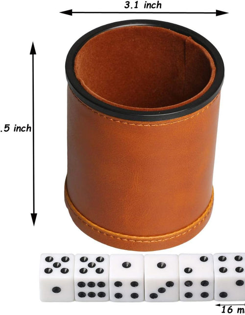 Load image into Gallery viewer, Leatherette Dice Cup with Lid Includes 6 Dices, Velvet Interior Quiet in Shaking for Liars Dice Farkle Yahtzee Board Games, Brown
