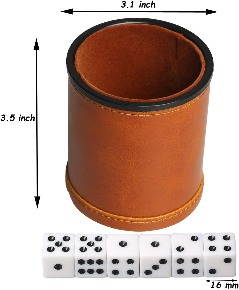 Leatherette Dice Cup with Lid Includes 6 Dices, Velvet Interior Quiet in Shaking for Liars Dice Farkle Yahtzee Board Games, Brown