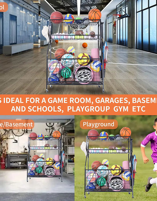 Load image into Gallery viewer, Sports Equipment Organizer, Ball Storage Rack, Garage Ball Storage, Sports Gear Storage, Rolling Sports Ball Storage Cart
