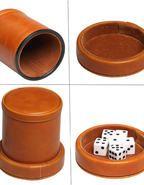 Load image into Gallery viewer, Leatherette Dice Cup with Lid Includes 6 Dices, Velvet Interior Quiet in Shaking for Liars Dice Farkle Yahtzee Board Games, Brown
