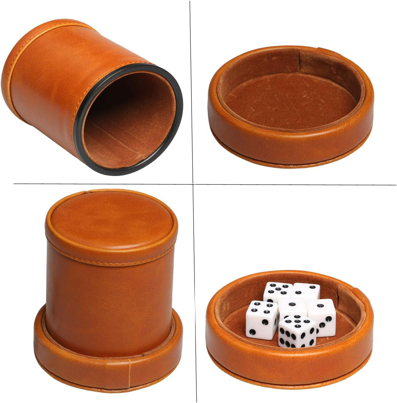 Leatherette Dice Cup with Lid Includes 6 Dices, Velvet Interior Quiet in Shaking for Liars Dice Farkle Yahtzee Board Games, Brown