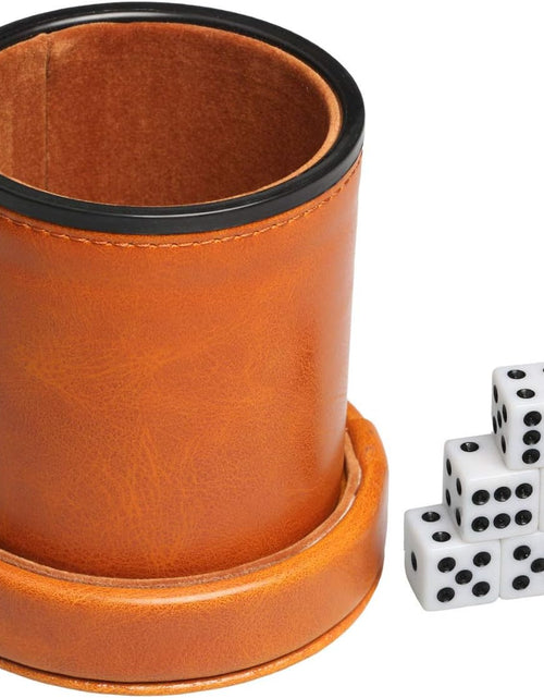 Load image into Gallery viewer, Leatherette Dice Cup with Lid Includes 6 Dices, Velvet Interior Quiet in Shaking for Liars Dice Farkle Yahtzee Board Games, Brown
