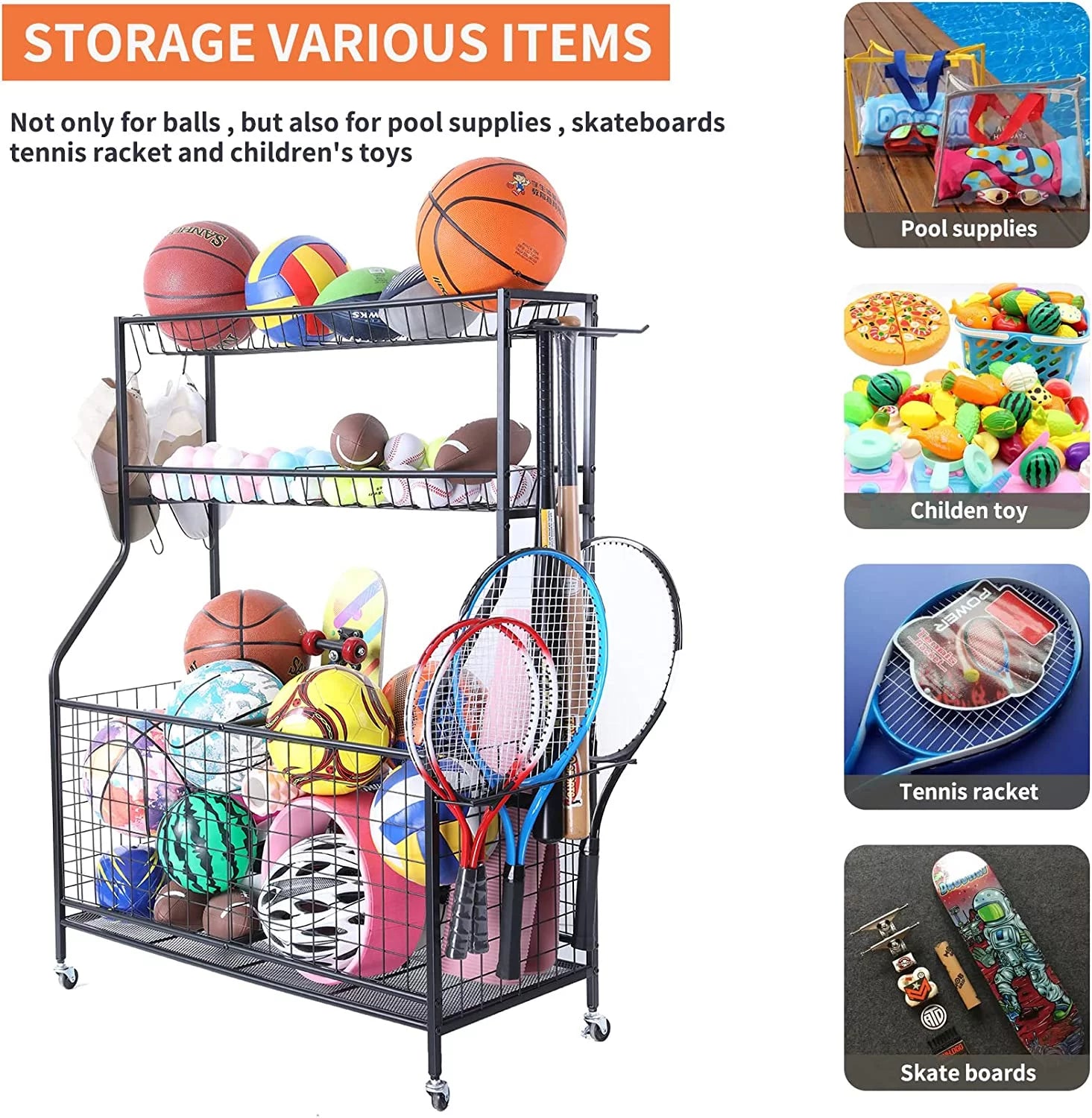 Sports Equipment Organizer, Ball Storage Rack, Garage Ball Storage, Sports Gear Storage, Rolling Sports Ball Storage Cart