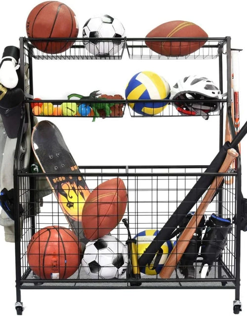 Load image into Gallery viewer, Sports Equipment Organizer, Ball Storage Rack, Garage Ball Storage, Sports Gear Storage, Rolling Sports Ball Storage Cart
