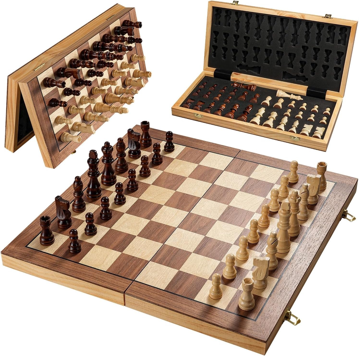 Magnetic Chess Board Set for Adults & Kids, 15" Wooden Folding Chess Boards, Handcrafted Portable Travel Chess Game with Pieces Storage Slots & 2 Extra Queens